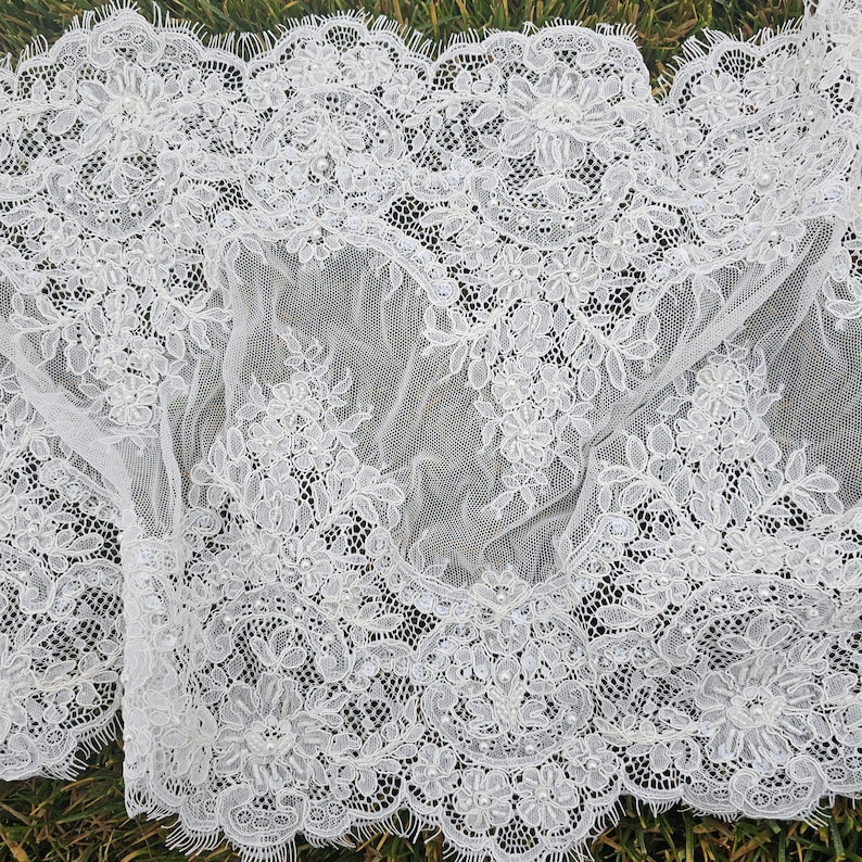 Ivory embroidered Chantilly lace with beads Ivory bridal lace wedding lace fabric Ivory corded lace Chantilly lace cord lace image 2