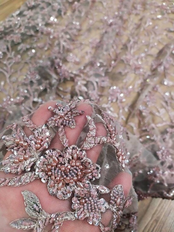 1 yard pink rose 3d fabric lace Powder Embroidery fabric lace Wedding style fabric lace Fashion lace fabric Lace with pearls  Lace