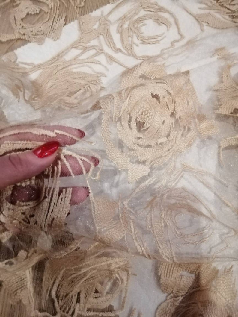 May include: Beige sheer fabric with embroidered rose patterns. The fabric is delicate and has a soft, flowing texture.