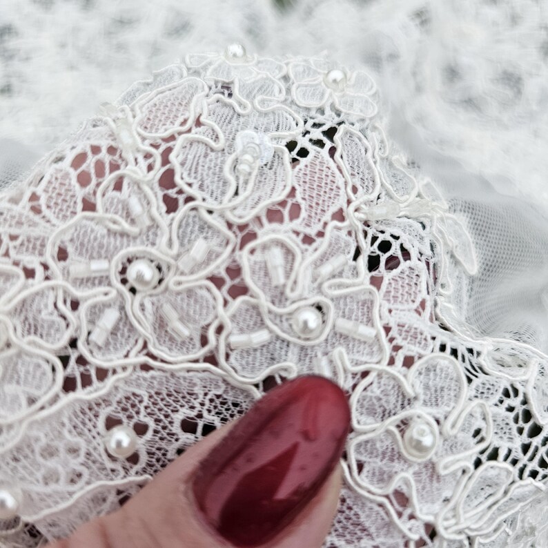 Ivory embroidered Chantilly lace with beads Ivory bridal lace wedding lace fabric Ivory corded lace Chantilly lace cord lace image 4