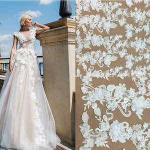 Bridal ivory lace fabric By the Yard White Wedding fabric with embroidery 3d flowers on the tulle fabric Beaded lace for sewing Bridal Gown