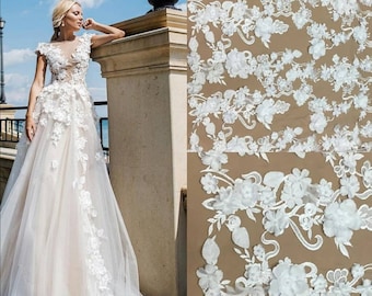 Bridal ivory lace fabric By the Yard White Wedding fabric with embroidery 3d flowers on the tulle fabric Beaded lace for sewing Bridal Gown
