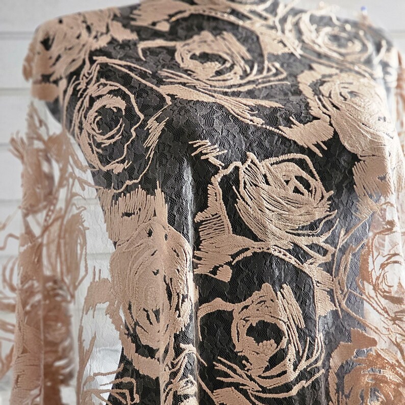 Cappuccino Embroidery rose lace Rose lace fabric Cappuccino wedding lace Cappuccino bridal lace Cappuccino lace by the 1 yard Wedding fabric image 18