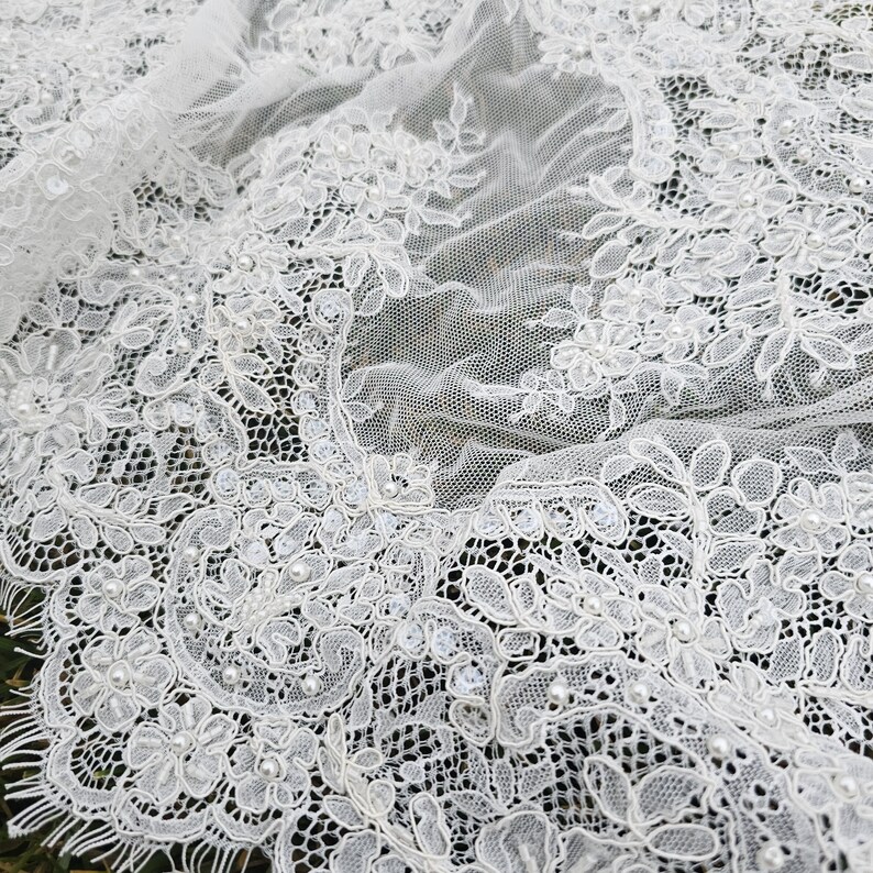 Ivory embroidered Chantilly lace with beads Ivory bridal lace wedding lace fabric Ivory corded lace Chantilly lace cord lace image 17