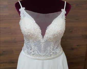 Ivory chiffon Bridal Beach dress without sleeves 3d top lace wedding dress Ivory wedding dress