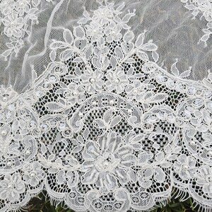 Ivory embroidered Chantilly lace with beads Ivory bridal lace wedding lace fabric Ivory corded lace Chantilly lace cord lace image 5