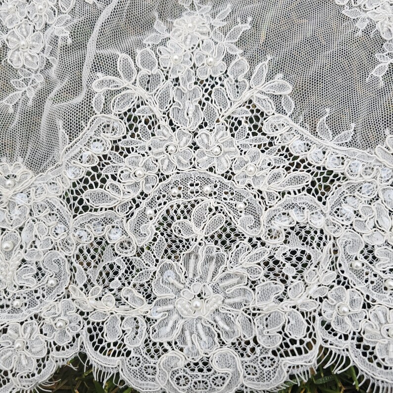 Ivory embroidered Chantilly lace with beads Ivory bridal lace wedding lace fabric Ivory corded lace Chantilly lace cord lace image 5