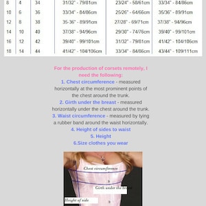 May include: A chart showing UK, USA, and European sizes for corsets. The chart lists sizes in inches and centimeters for bust, waist, and hips. The chart also includes a diagram showing how to measure for a corset.