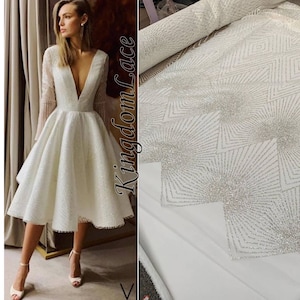 Bridal Glitter tulle fabric for wedding dress Sparkle tulle fabric White translucent glitter fabric lace Geometric Bridal dress By the yard