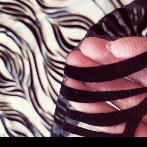 May include: Black velvet ribbon trim on sheer black fabric. The fabric is held in a hand.