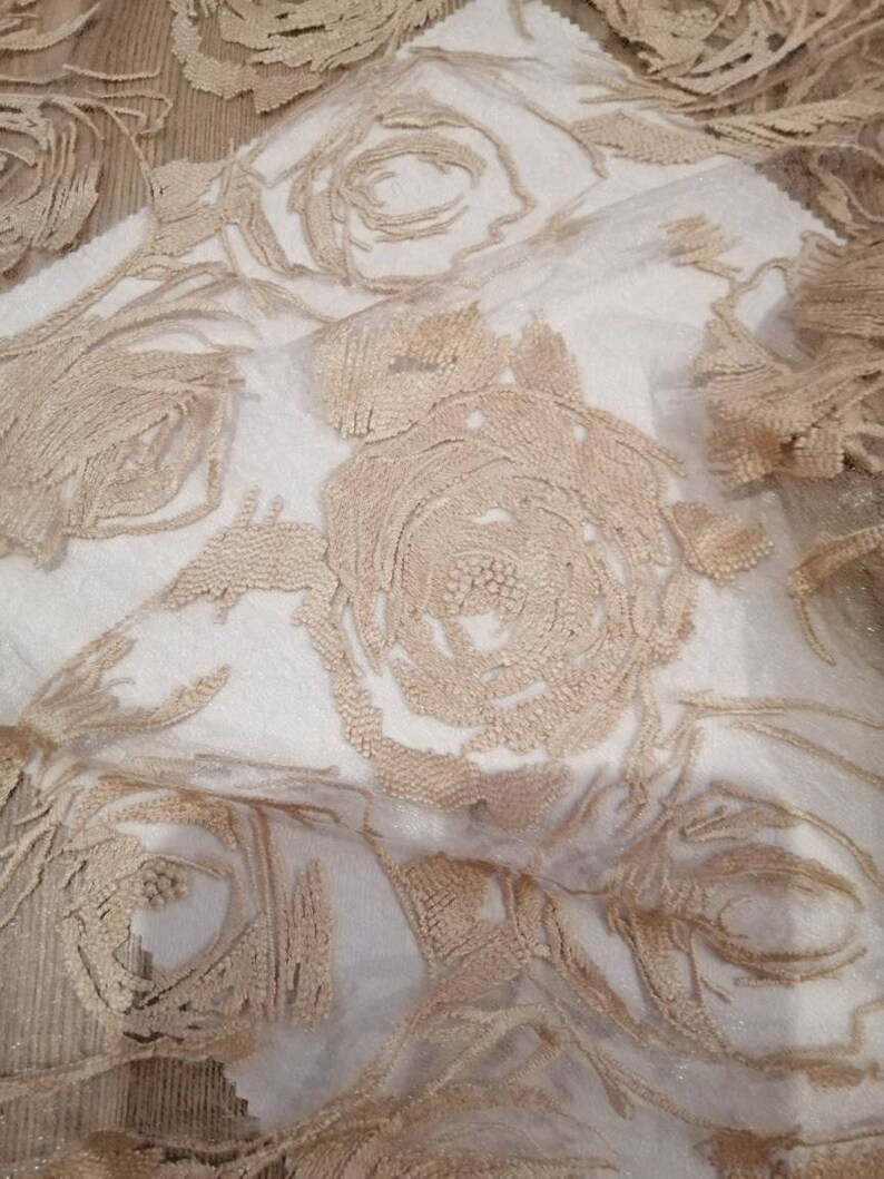 May include: Beige floral lace fabric with a delicate, embroidered pattern. The fabric is sheer and has a soft, flowing texture.