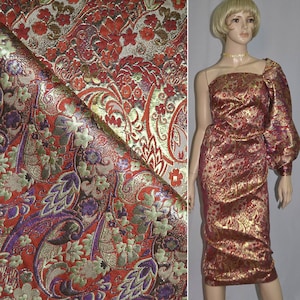 Brocade red-purple-gold jacquard Brocade jacquard fabric Floral fabric Flowers brocade fabric By the yard Green brocade fabric Length 1 yard
