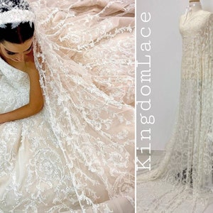 3d Ivoor ornament geborduurde kant stof Bruids borduurwerk met pailletten en kraal kant stof Sequin kant Borduurwerk jurk kant gesneden op maat