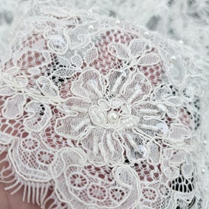 Ivory embroidered Chantilly lace with beads Ivory bridal lace wedding lace fabric Ivory corded lace Chantilly lace cord lace image 1