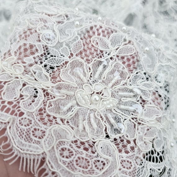 Ivory embroidered Chantilly  lace with beads Ivory bridal lace wedding lace fabric Ivory corded lace Chantilly lace cord lace