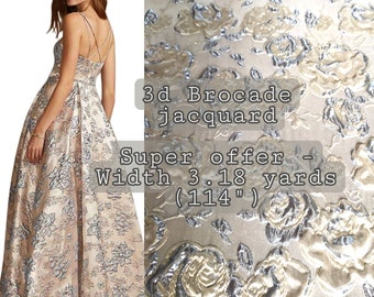 Double wide Beige Silver 3d Brocade jacquard fabric by the yard Super offer Width 3.18 yards Rose beige with silver brocade fabric floral