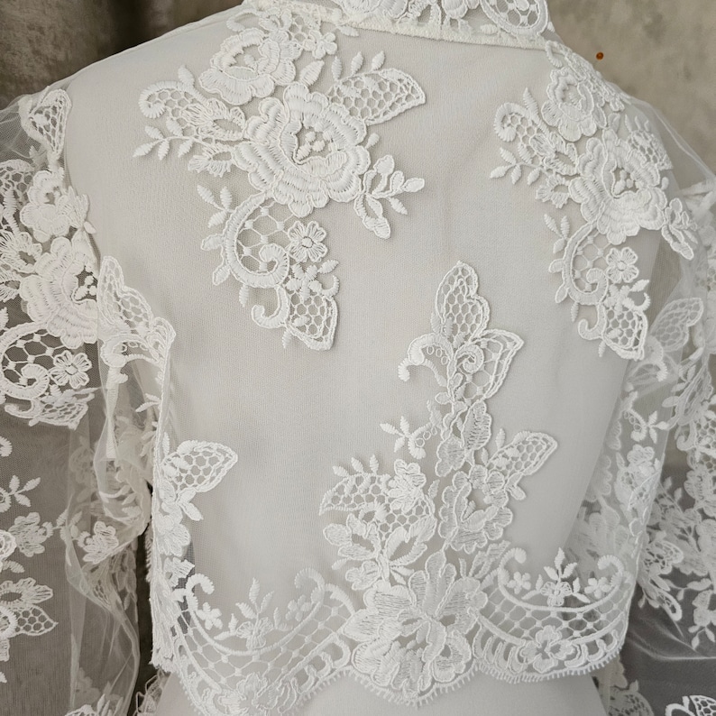 White wedding lace bolero with sleeves, White lace bolero,Ivory Bridal jacket, Bridal lace wedding bolero, Bolero for wedding dress image 10