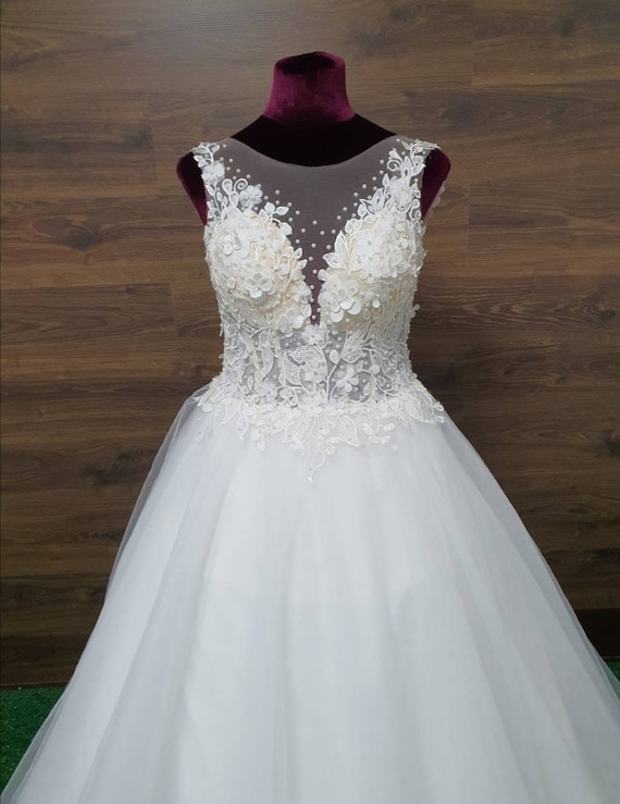 soft ivory wedding dress Soft Ivory/ Light Champagne Floral Embroidered Wedding Dress A-Line Tulle Bridal Gown Custom Color / Floor Length / US8