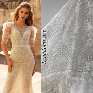 By the yard 3d Embroidery Flower Lace Fabric Ivory Beaded Wedding Dress Lace Fabric, Floral Tulle Lace Fabric for Bridal Gown Embroidered