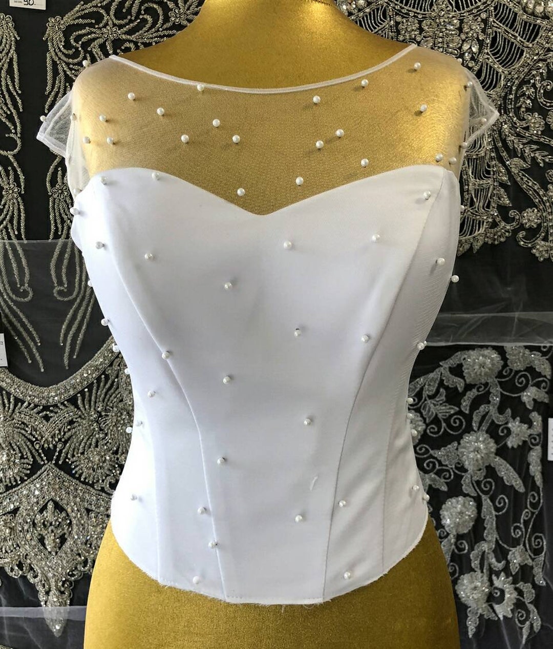 White Bridal Corset With Mesh Beads Wedding Corset for Dress Detail for ...