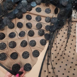 Black  glitter tulle with polka dots Black glitter Mesh Fabric Fabric for sewing evening dress Polca dot fabric  sparkle By the yard