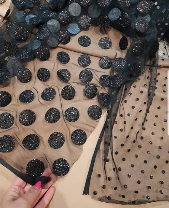 Black Glitter Tulle With Polka Dots Black Glitter Mesh Fabric