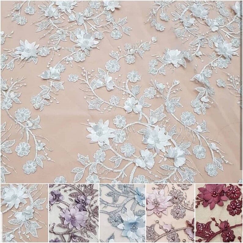 3D Bridal Lace fabric Lace on tulle beaded and decorated with pearls 3d wedding lace fabric Fashion Lace Wedding lace fabric 7 colors lace