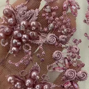1 yard 3D Dusty pink rose pearl lace, 3D Embroidery lace fabric 3D Luxury lace fabric Pink bridal lace 3D clothing lace Pearl Veil lace