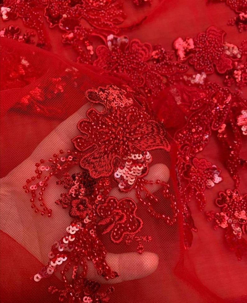 Red Embroidered Lace Fabric Navy Blue Beaded Lace Fabrics Etsy UK