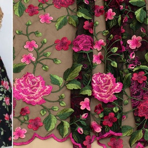 Tejido de encaje bordado con rosas carmesí tela de encaje negro con bordado brillante tela de encaje bordado alto encaje de lujo malla de bordado encaje