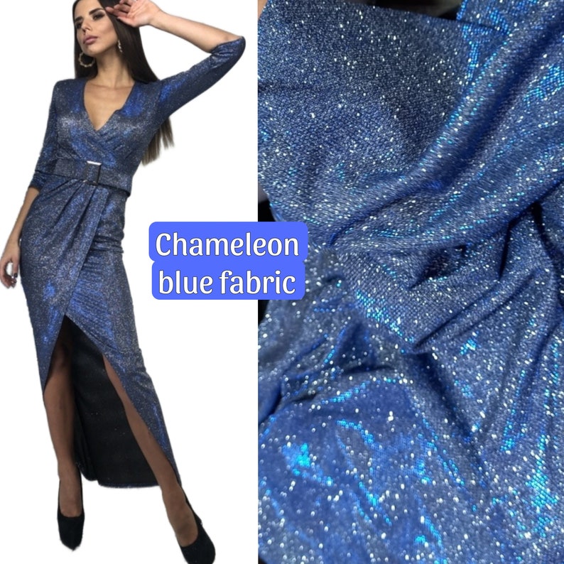 May include: A blue sparkly fabric with a chameleon effect. The fabric is textured and has a subtle shimmer. The text "Chameleon blue fabric" is written on a white background.