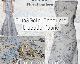 3D Texture brocade jacquard fabric Floral brocade gold blue for sewing homecoming ,evening dresses Wide 59"/1.50m Designer fabric by the yar