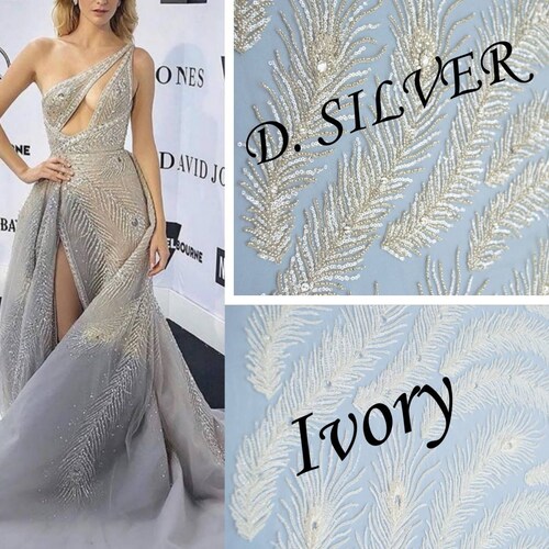 Designer Handmade shops wedding lace fabric Silver Beaded lace fabric Embroidery tulle with sequins, beads Luxury fabric lace for bridal gowns
