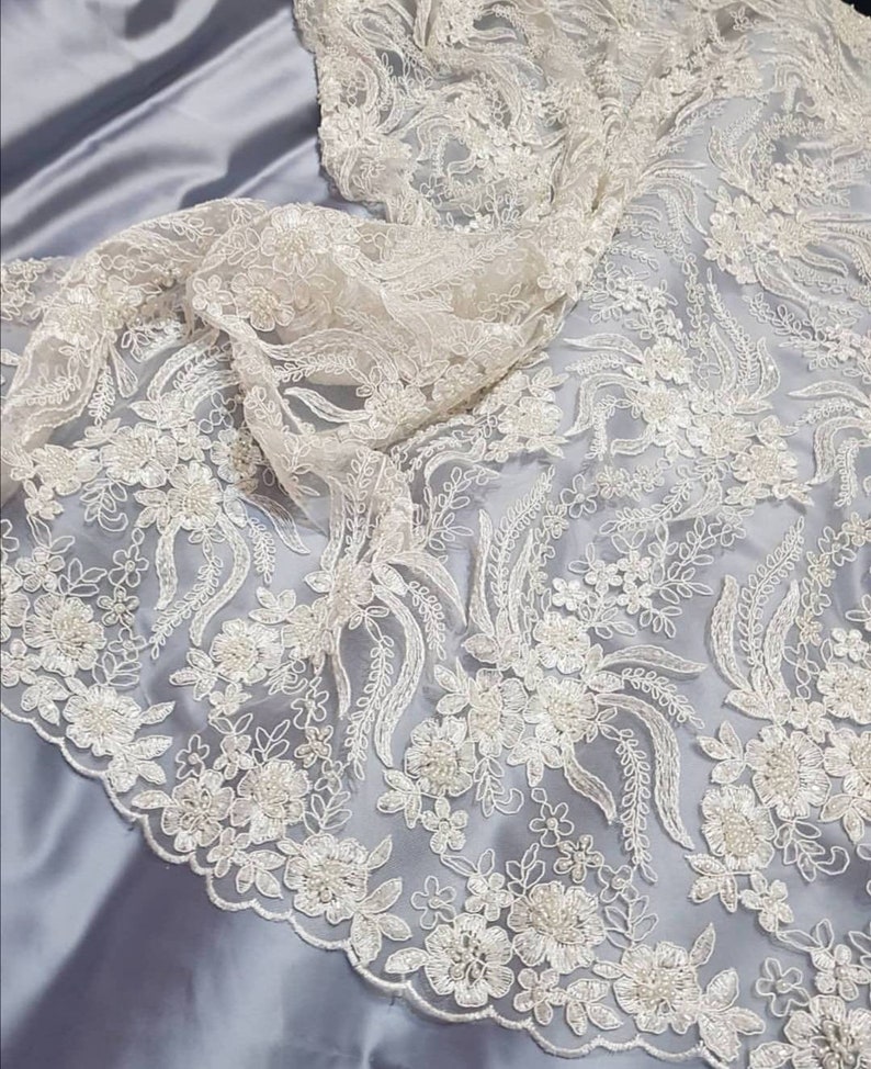Ivory 3d Wedding lace fabric Ivory bridal lace fabric Embroidery pearls and beads for tailoring wedding Gowns Luxury Floral fabric By 1 yard