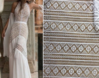 Bohemian bridal lace fabric Geometric wedding lace fabric Ivory guipure lace fabric Nigerian lace fabric By the yard bridal elegant fabrics