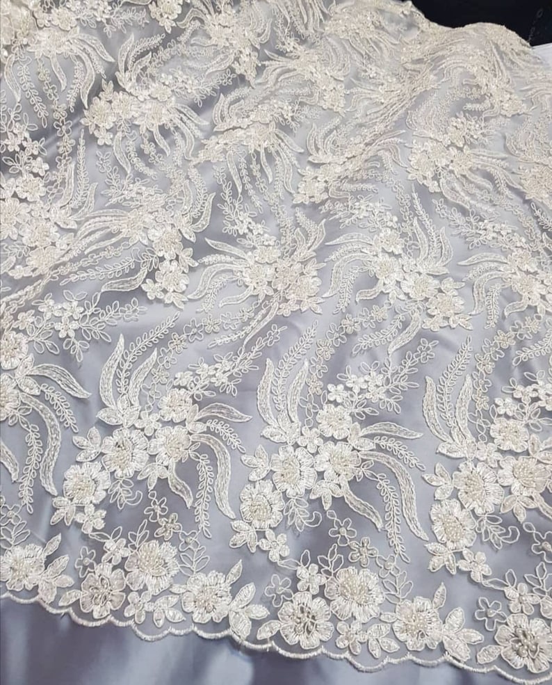 Ivory 3d Wedding lace fabric Ivory bridal lace fabric Embroidery pearls and beads for tailoring wedding Gowns Luxury Floral fabric By 1 yard
