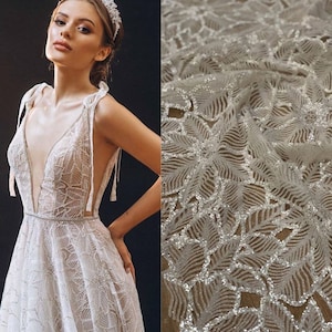 2020 Wedding glitter tulle Sparkle  tulle fabric Floral glitter fabric lace By the yard tulle fabric New design ivory glitter tulle fabric