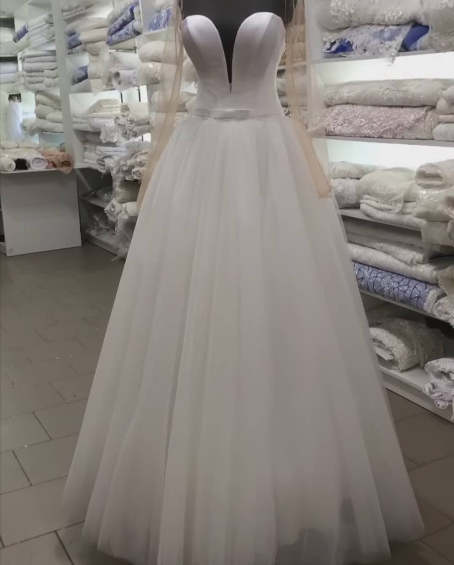Ivory Corset Wedding Dress With Lacing Back Flesh Tulle Long Sleeves ...