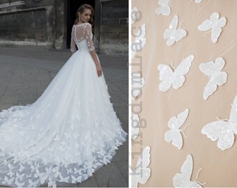 Tessuto di pizzo farfalle 3D tagliato su misura Tessuto di pizzo da sposa con paillettes farfalla Avorio tessuto di pizzo ricamato