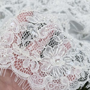 Ivory embroidered Chantilly lace with beads Ivory bridal lace wedding lace fabric Ivory corded lace Chantilly lace cord lace image 19