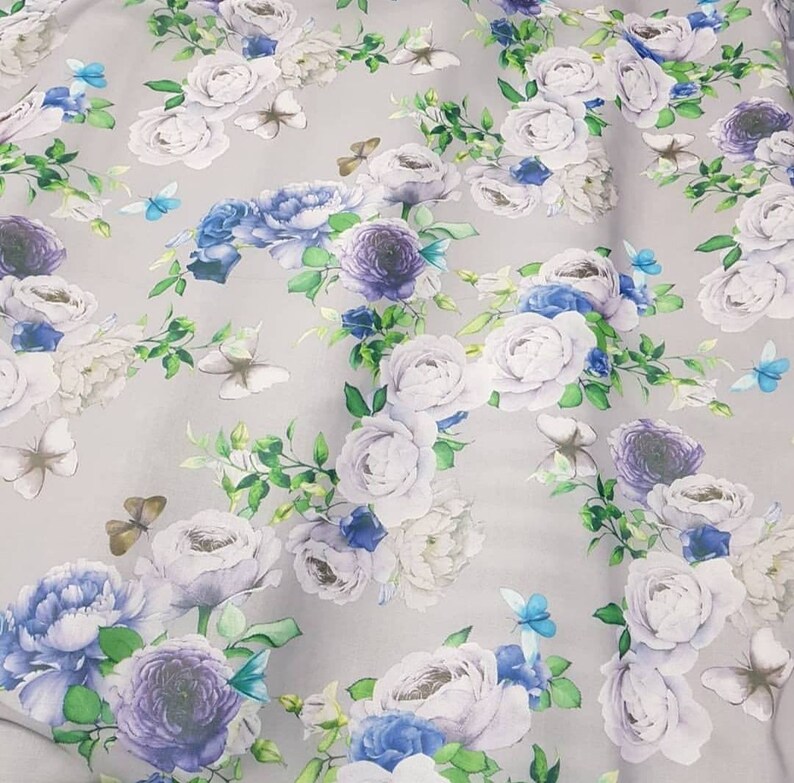 Gray Floral Printed Chiffon Fabric Print Chiffon Flowers on a Etsy