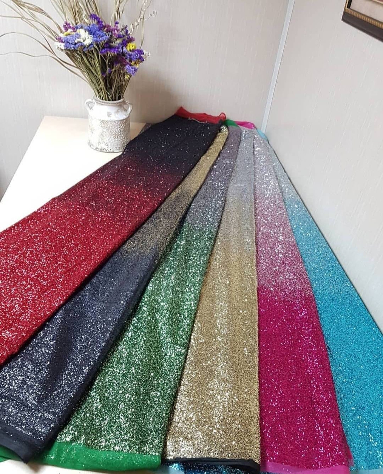 Ombre Glitter Mesh Fabric 7 Colors Glued Glitter Sparkle Net Etsy