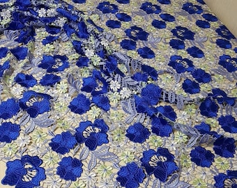 Blue guipure fabric lace Guipure lace fabric Blue embroidered guipure lace fabric Guipure lace By 1 yard Rose blue  lace African fabric lace