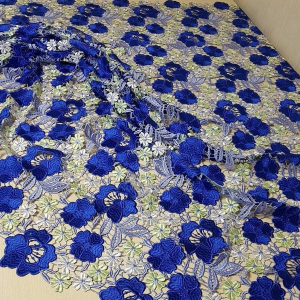 Tissu bleu guipure dentelle Guipure tissu en dentelle Bleu brodé tissu de dentelle Guipure dentelle Par 1 yard Rose dentelle bleue dentelle africaine