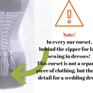 May include: White corset with a lace-up back, designed to be sewn into a wedding dress. Note: This corset is not a separate piece of clothing, but a top detail for a wedding dress.
