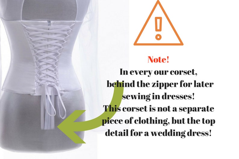 May include: White corset with a lace-up back, designed to be sewn into a wedding dress. Note: This corset is not a separate piece of clothing, but a top detail for a wedding dress.