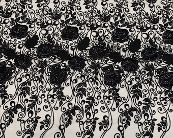 Black sequins fabric lace By the yard Embroidered Black lace fabric Fabric evening dresses Black embroidery tulle fabric with sequins flower