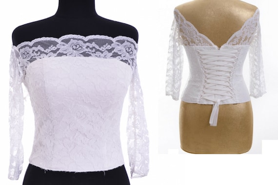 White Bridal Corset With Long Lace Sleeves Wedding Separates Etsy