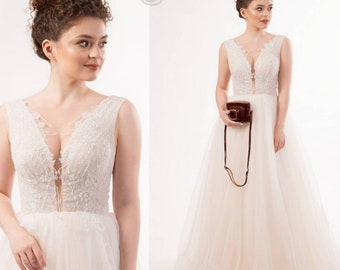 A line V neck Wedding dress Soft tulle bridal lace dress Romantic wedding dress Simple style bridal dress Open back wedding gown Beach dress