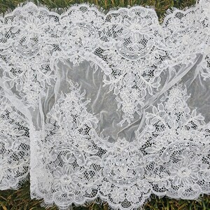 Ivory embroidered Chantilly lace with beads Ivory bridal lace wedding lace fabric Ivory corded lace Chantilly lace cord lace image 13